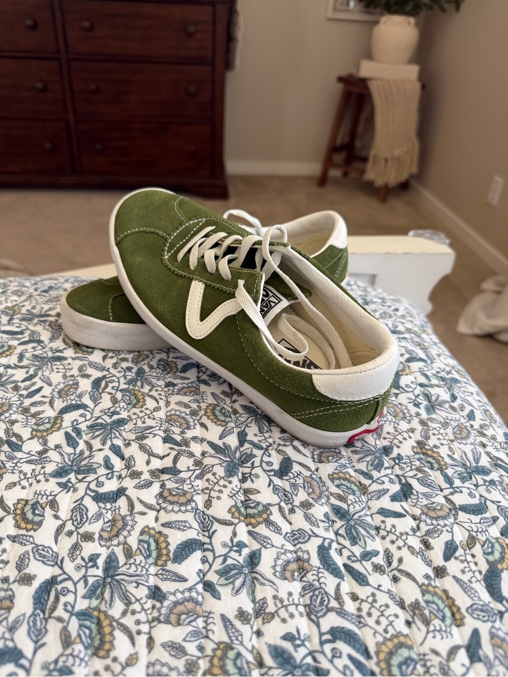 Vans Olive Green Suede Low-Top Sneakers with White Accents